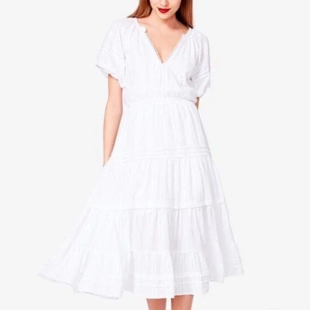Betsy Johnson Dress XS White Rainbow Speckle Puff Sleeve Tiered Midi Cottagecore